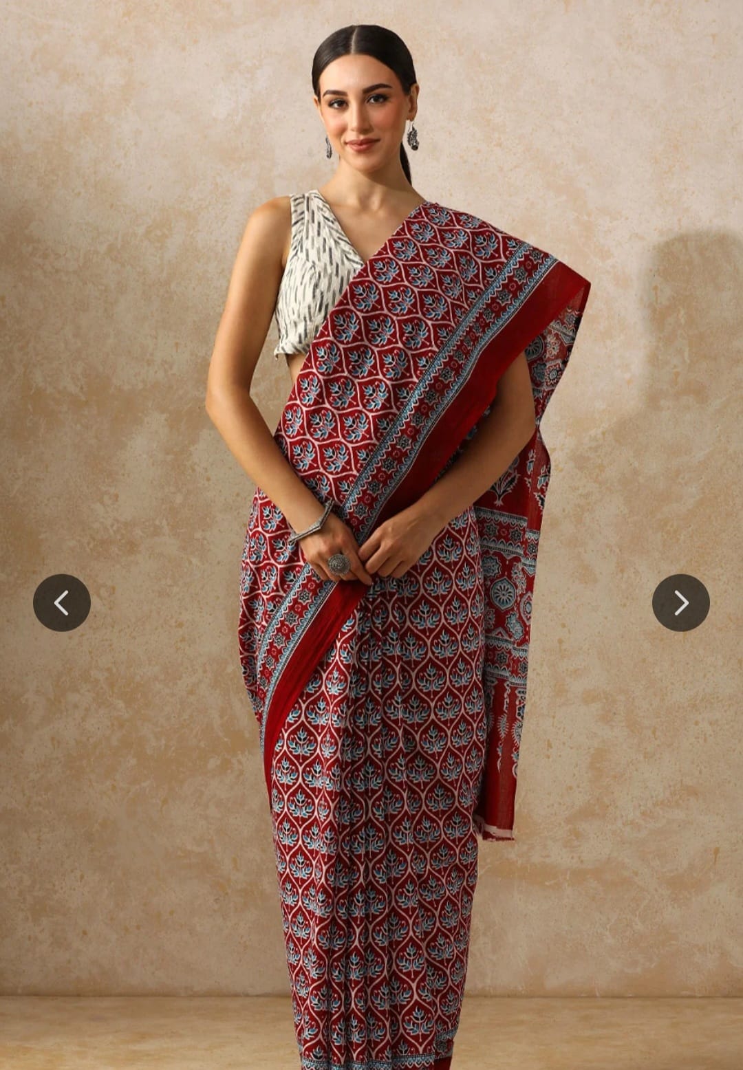 Cotton Mulmul Saree in maroon with blue border – Pure cotton handblock printed saree wholesale by Fabtexs